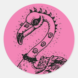 GOTH PUNK ROCKER FLAMINGO, SKULLS, SPIKED HAIR CLASSIC ROUND STICKER