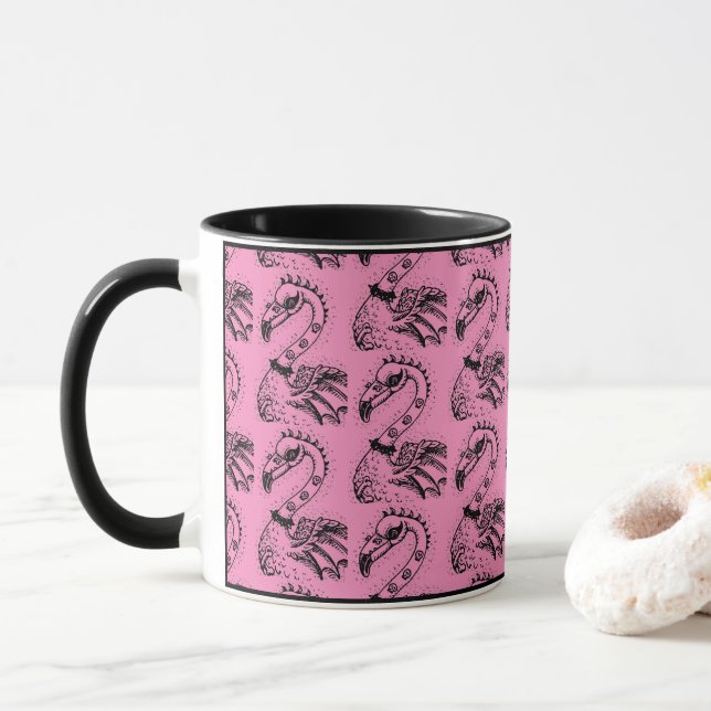 GOTH PUNK ROCKER FLAMINGO, SKULLS, SPIKED HAIR MUG (With Donut)