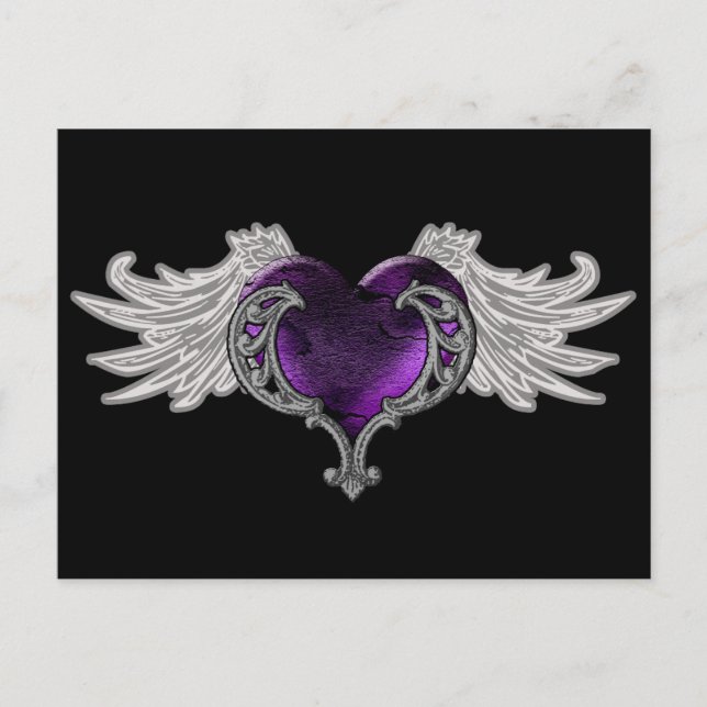 Goth Purple Heart with Angel Wings Postcard (Front)