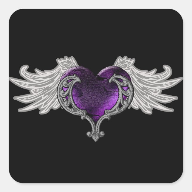 Goth Purple Heart with Angel Wings Sticker (Front)