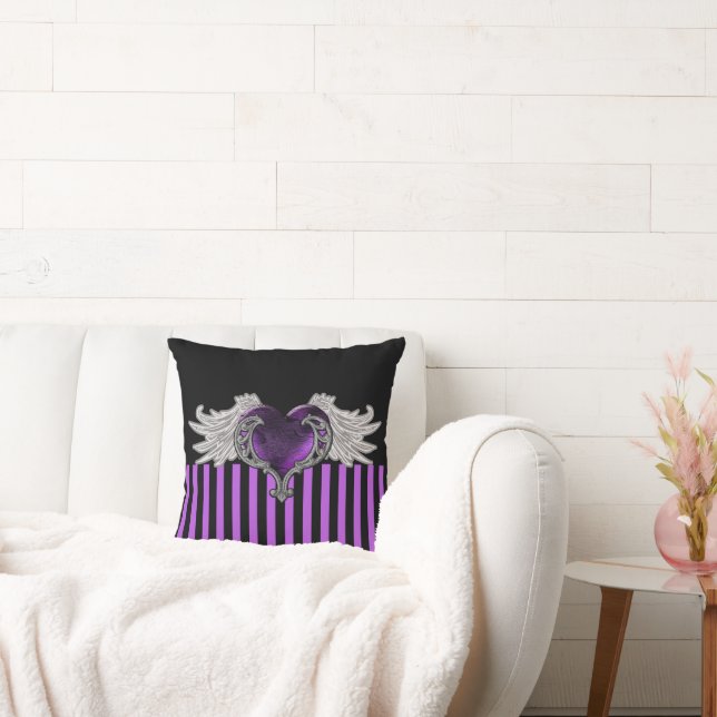 Goth Purple Heart with Angel Wings Throw Pillow (Couch)
