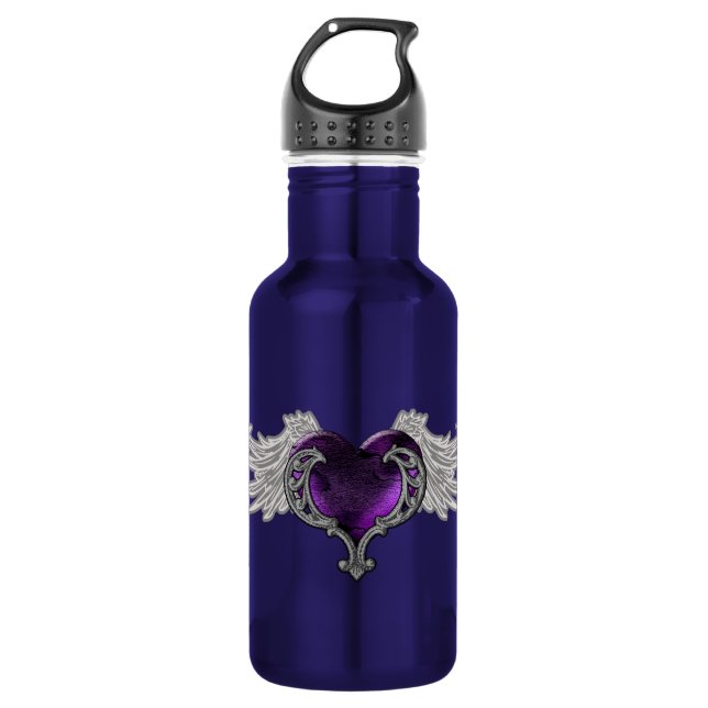 Goth Purple Heart with Angel Wings Water Bottle (Front)