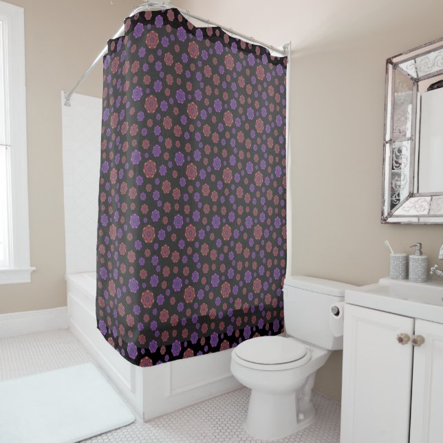 Goth Purple & Orange Fan Mandalas on Dk Grey Shower Curtain (In Situ)