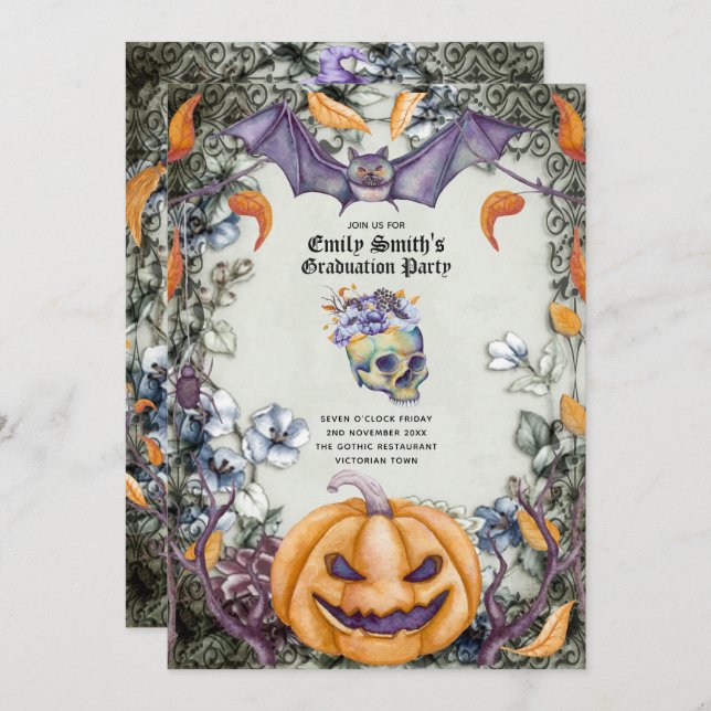 Goth Purple Skulls Halloween/Muertos Graduation Invitation (Front/Back)