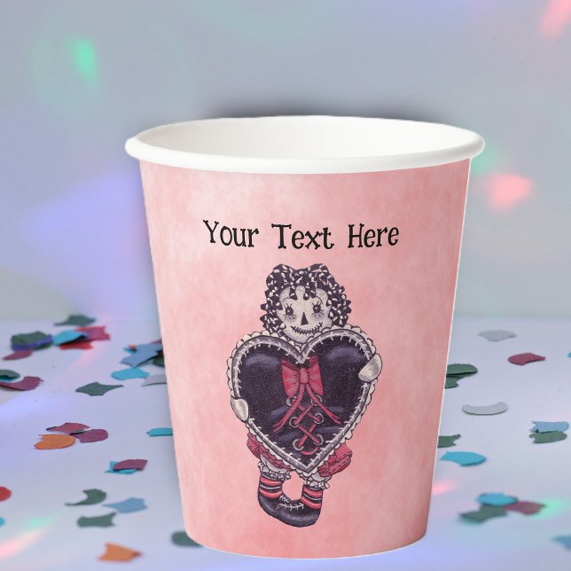 Goth Rag Doll Button Eyes Black Heart Bow Pink Paper Cups (Goth rag doll yarn hair button eyes black lace trimmed heart with red bow on pink paper drinking cup)