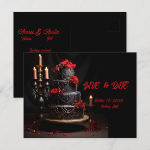 Goth Red Black Roses Wedding Cake Save the date Postcard