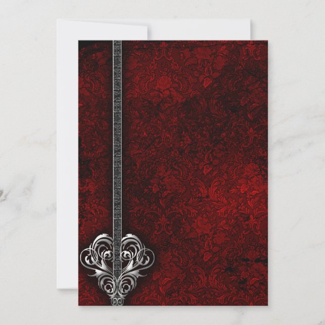 Goth Red Damask Silver Heart wedding Invitation (Front)