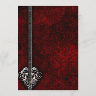 Goth Red Damask Silver Heart wedding Invitation