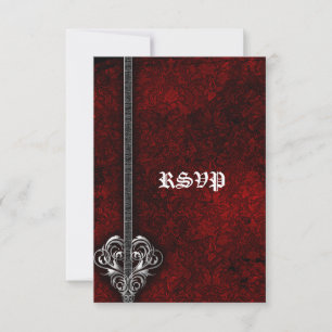 Goth Red Damask Silver Heart wedding RSVP Card