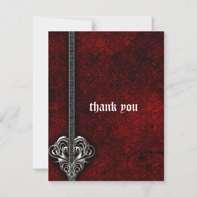 Goth Red Damask Silver Heart wedding Thank You Card (Front)