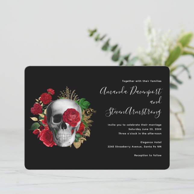 Goth Red Floral Skull & Gold Leaves Invitation (Standing Front)
