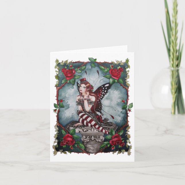 Goth red rose fairy greeting card (Front)