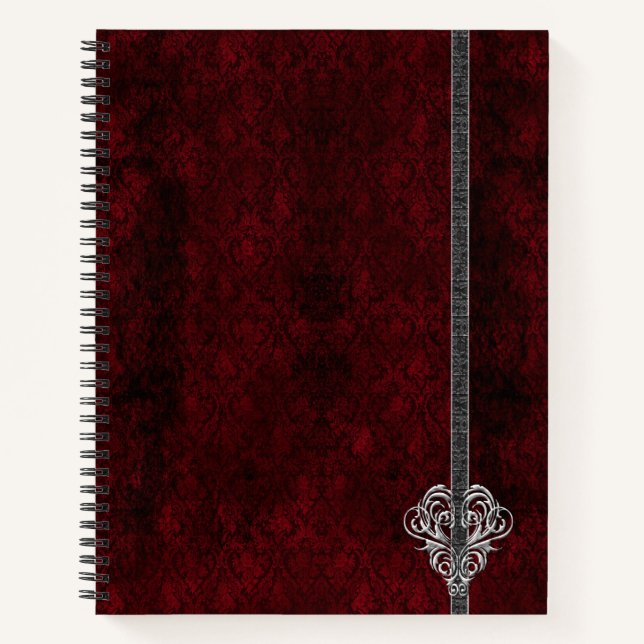Goth Red Silver Heart Damask Notebook (Front)