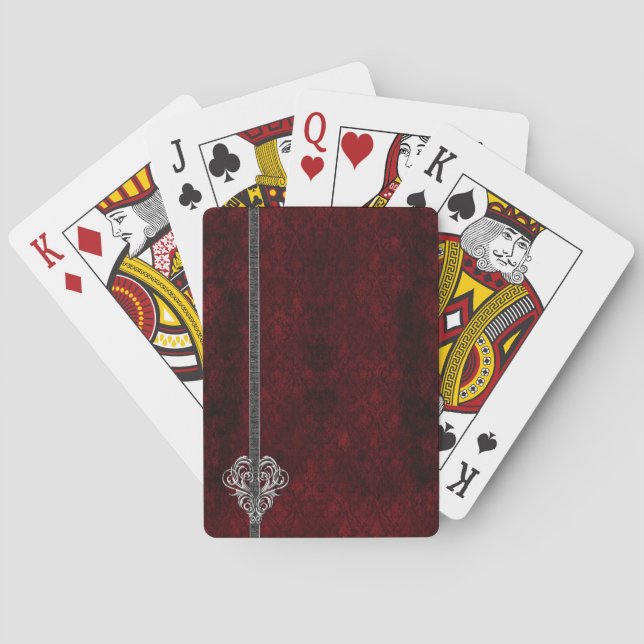 Goth Red Silver Heart Damask Playing Cards (Back)