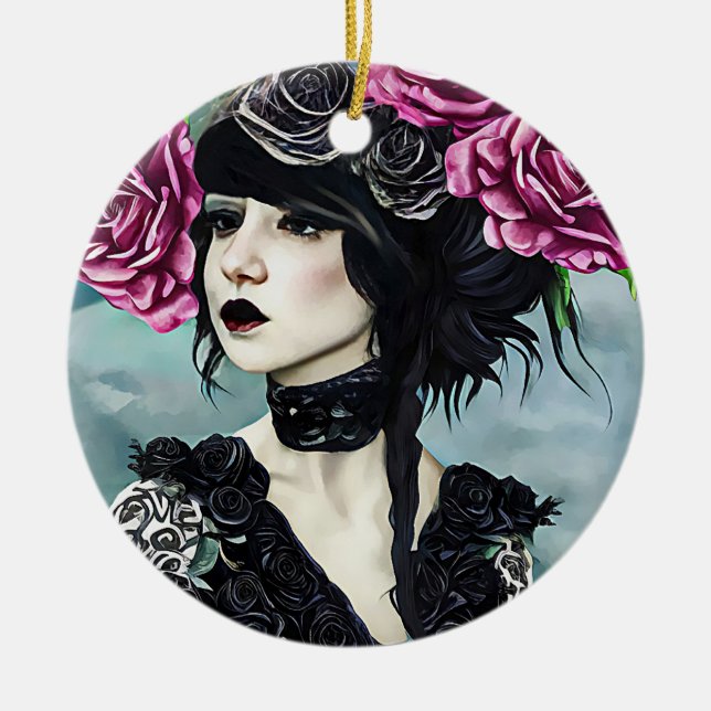 Goth Rose Girl Original art Digital painting Ceramic Tree Decoration (Front)