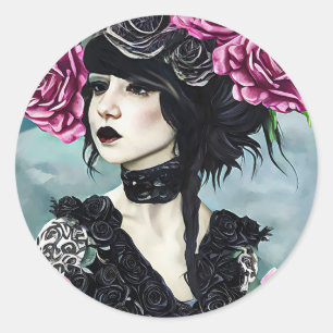 Goth Rose Girl Original art Digital painting Classic Round Sticker