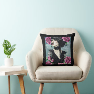 Goth Rose Girl Original art Digital painting Cushion