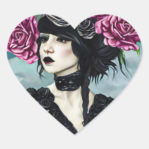 Goth Rose Girl Original art Digital painting Heart Sticker