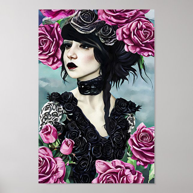 Goth Rose Girl Original art Digital painting Poster (Front)