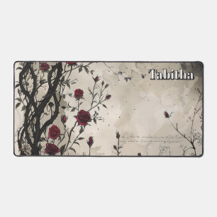 Goth Roses and Script. Editable name Desk Mat