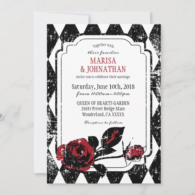 Goth Roses Grunge Diamond Print Wedding Invitation (Front)