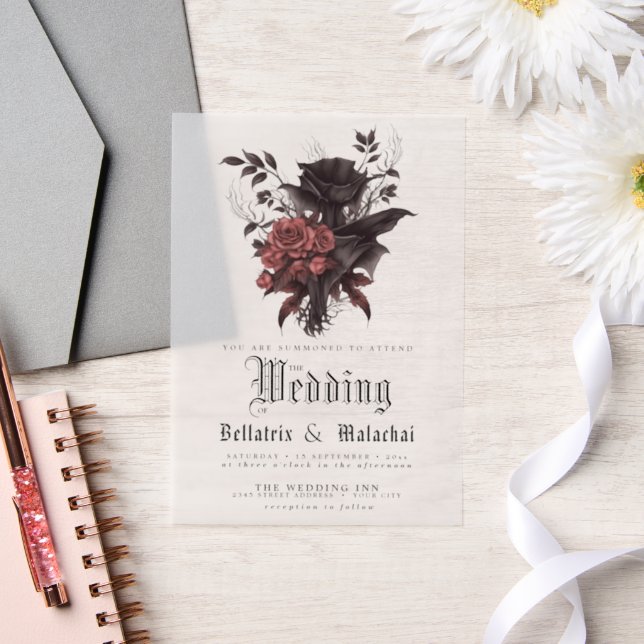 Goth Rosewood Black Roses  Floral  Vellum Invitations (Wedding)