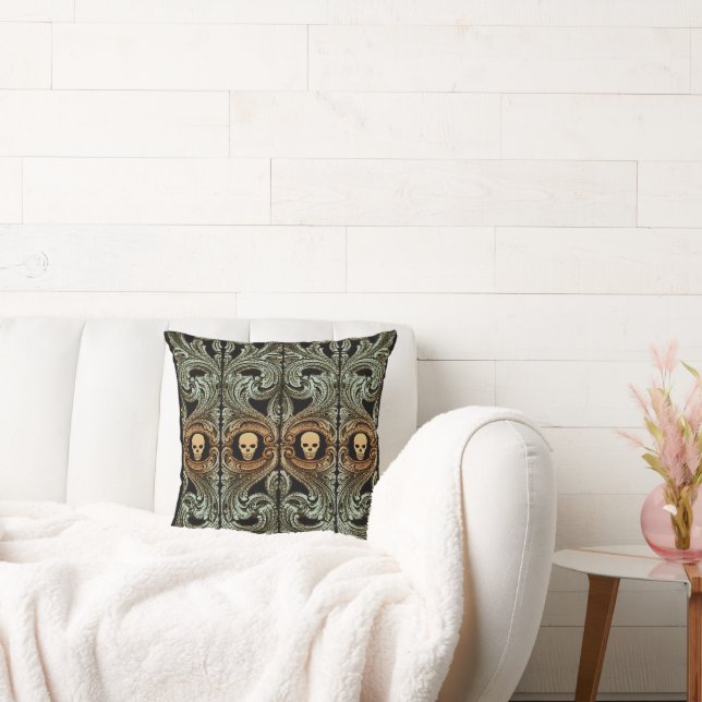 Goth Sage Green Ornament With Skull Cushion (Couch)