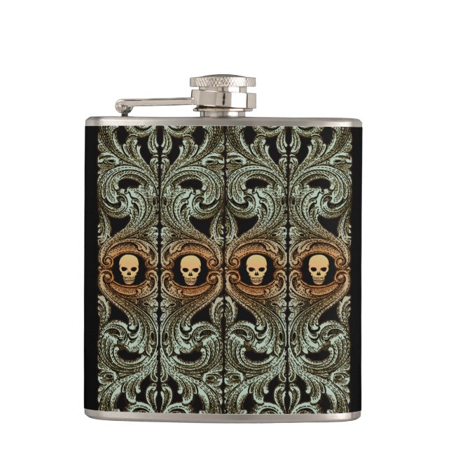 Goth Sage Green Ornament With Skull Hip Flask (Front)