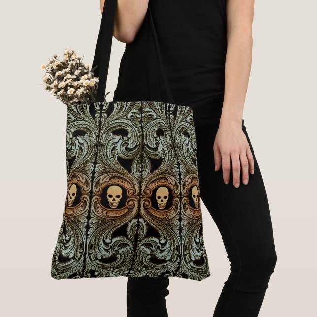 Goth Sage Green Ornament With Skull Tote Bag (Close Up)