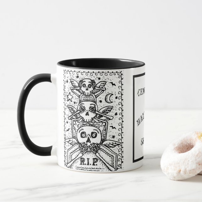 GOTH SEE NO EVIL, CEMETERY SKELETONS HALLOWEEN MUG (With Donut)