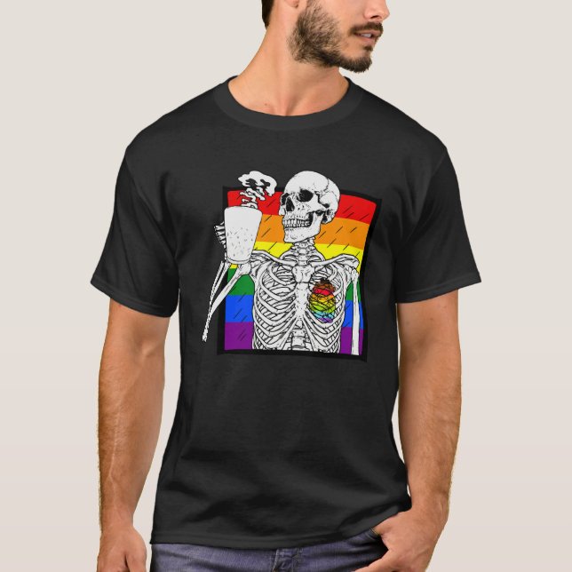 Goth Skeleton Coffee Gay Lesbian Pride Rainbow Hum T-Shirt (Front)