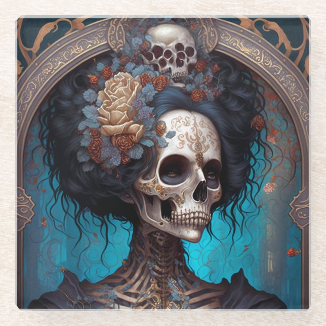 Goth Skeleton Skull Woman Gothic Glass Coaster (Front)