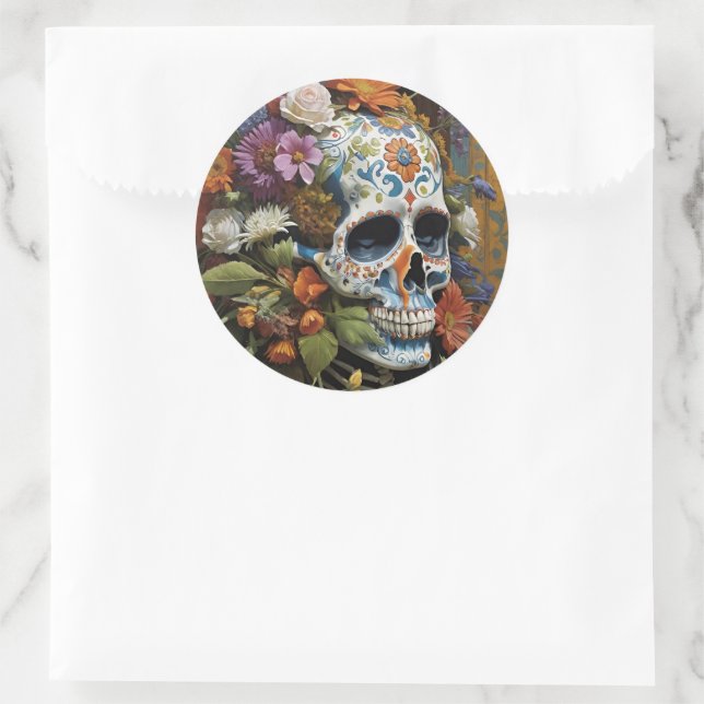 Goth Skull and Flowers Day of the Dead Classic Round Sticker (Bag)