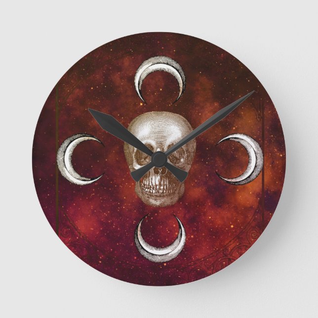 Goth Skull and Moon Celestial Round Clock (Front)