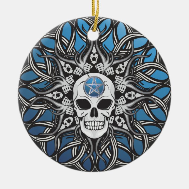 Goth Skull - Blue Ceramic Tree Decoration (Front)