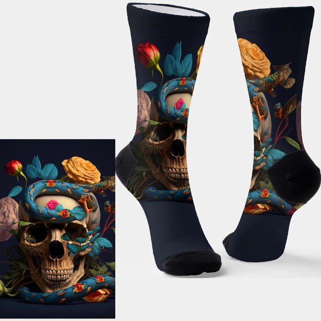 Goth Skull, Blue Snake & Flowers on Blue Socks (Creator Uploaded)