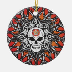 Goth Skull - Orange Ceramic Tree Decoration