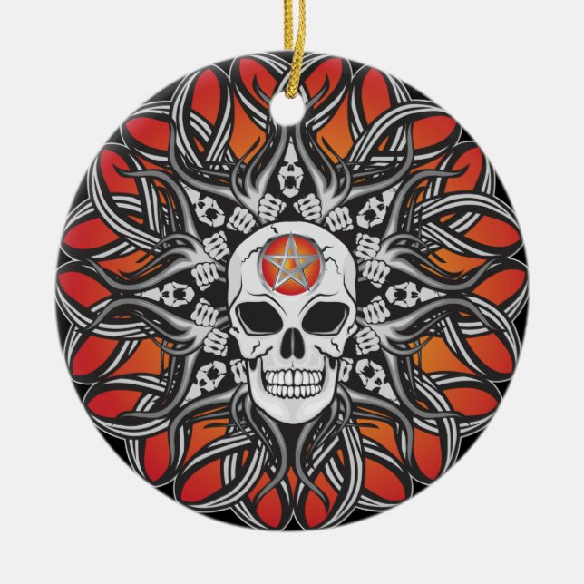Goth Skull - Orange Ceramic Tree Decoration (Front)