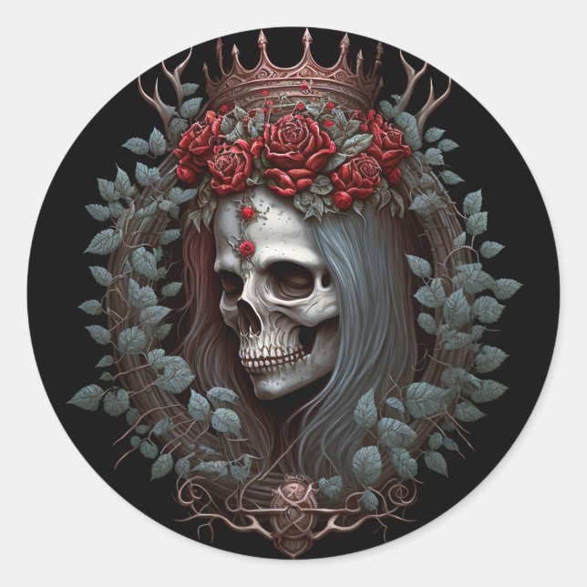 Goth Skull Roses Crown Gothic Classic Round Sticker (Front)