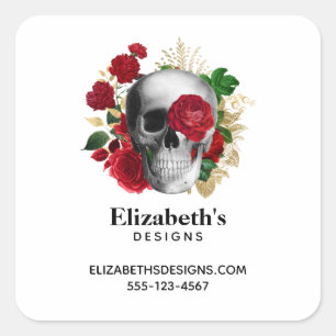 Goth Skull with Red Flowers Business Square Sticker
