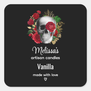 Goth Skull with Red Flowers Candle Business Square Sticker