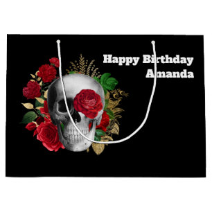 Goth Skull with Red Flowers & Gold Leaves Birthday Large Gift Bag