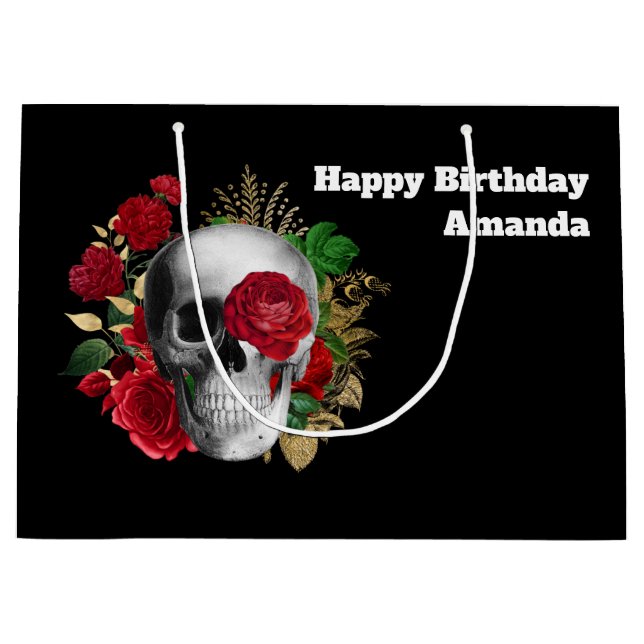 Goth Skull with Red Flowers & Gold Leaves Birthday Large Gift Bag (Front)