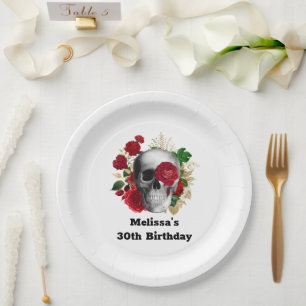 Goth Skull with Red Flowers & Gold Leaves Birthday Paper Plate