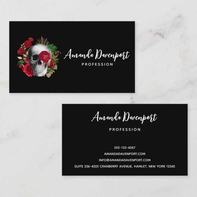 Goth Skull with Red Flowers & Gold Leaves Business Card (Front/Back)