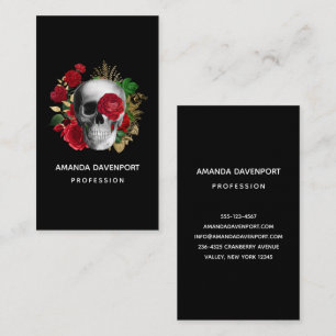 Goth Skull with Red Flowers & Gold Leaves Business Card