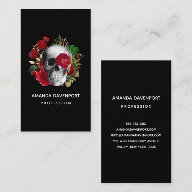 Goth Skull with Red Flowers & Gold Leaves Business Card (Front/Back)