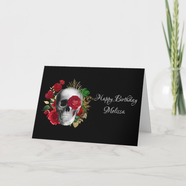 Goth Skull with Red Flowers & Gold Leaves Card (Front)