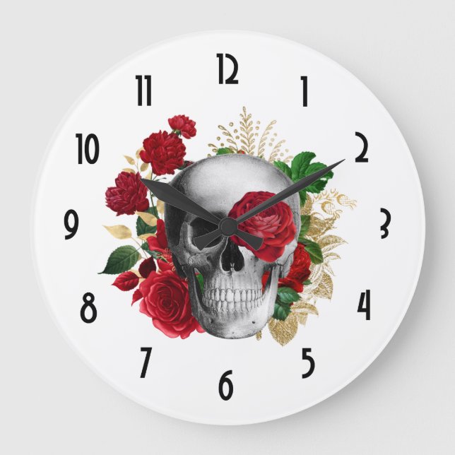 Goth Skull with Red Flowers & Gold Leaves Large Clock (Front)