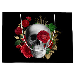Goth Skull with Red Flowers & Gold Leaves Large Gift Bag